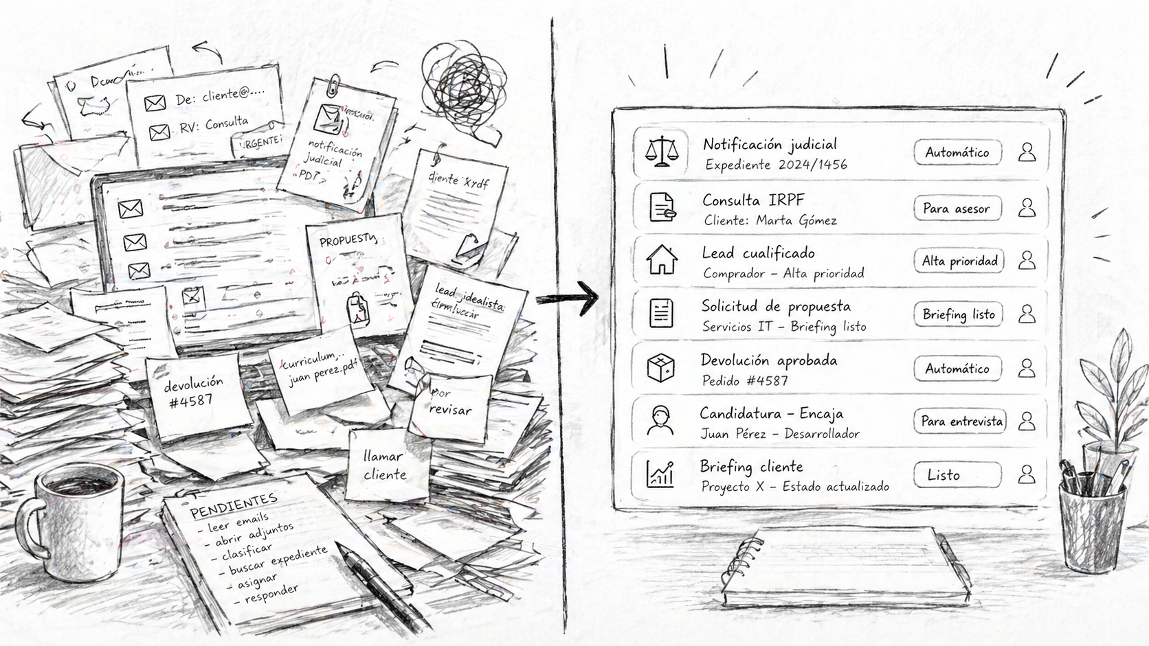 Siete nodos conectados representando agentes IA en distintos procesos empresariales