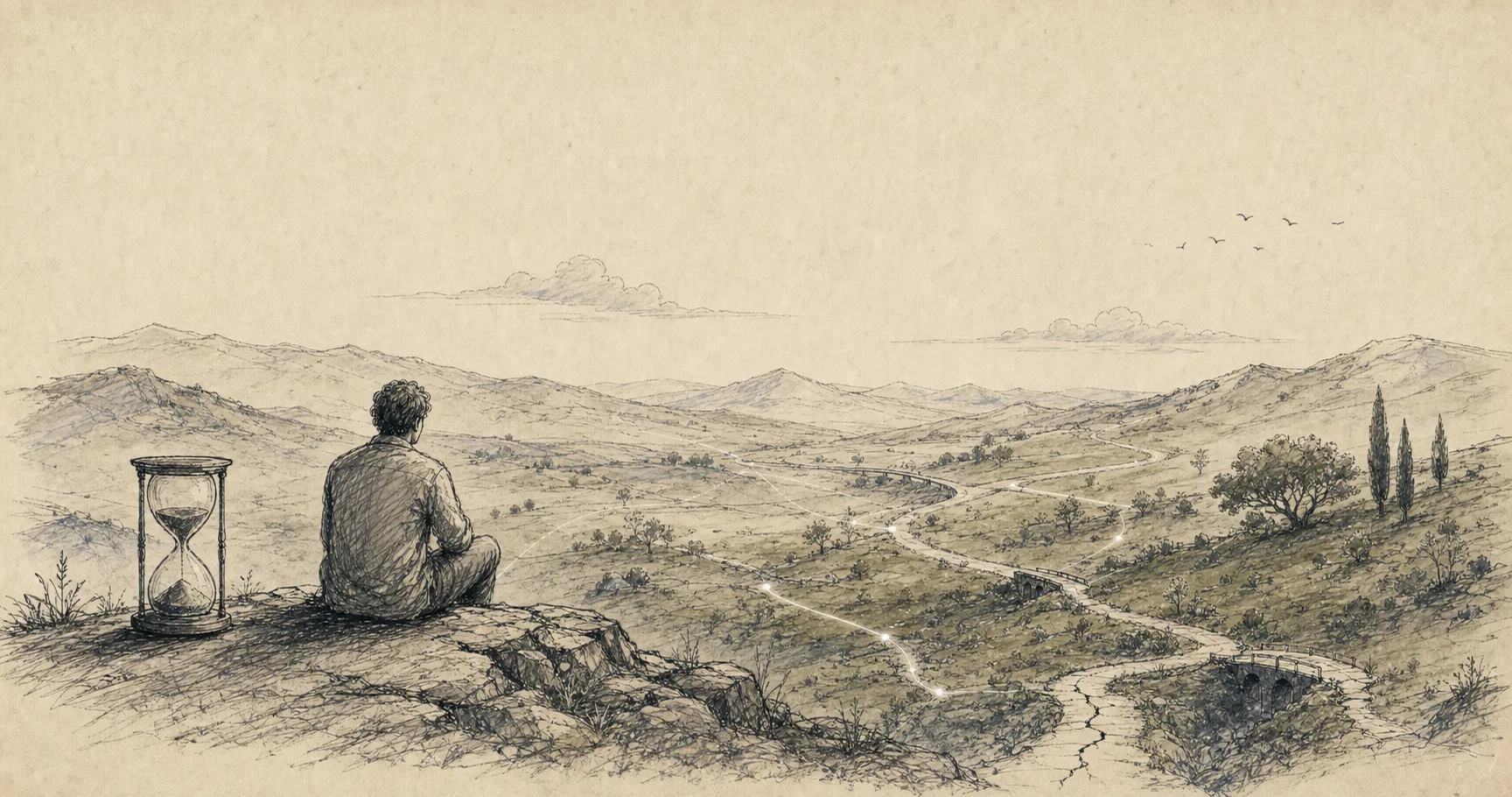 Persona observando un paisaje con un reloj de arena y caminos que aprenden de sus errores