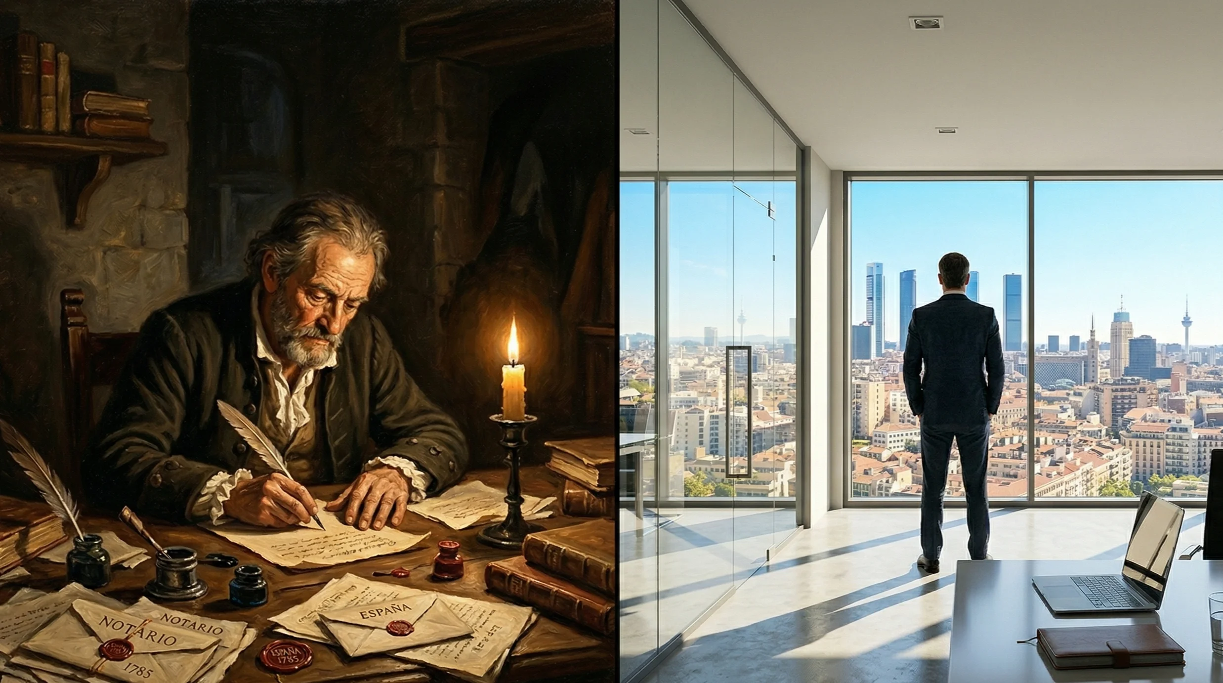 Escribano en despacho de abogados con documentos judiciales