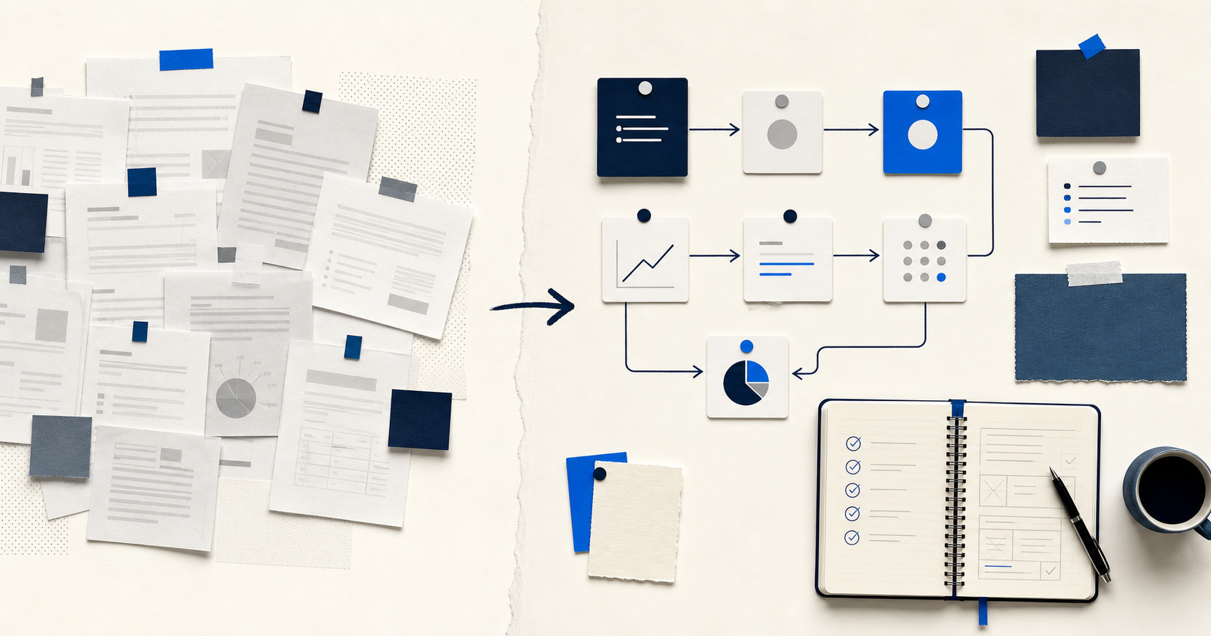 Collage editorial con plantillas genéricas y un proceso personalizado conectado a una herramienta de IA