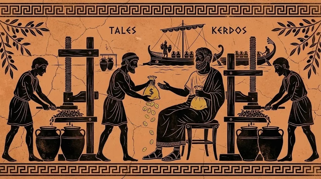 Tales y Kerdos — ilustración estilo cerámica griega